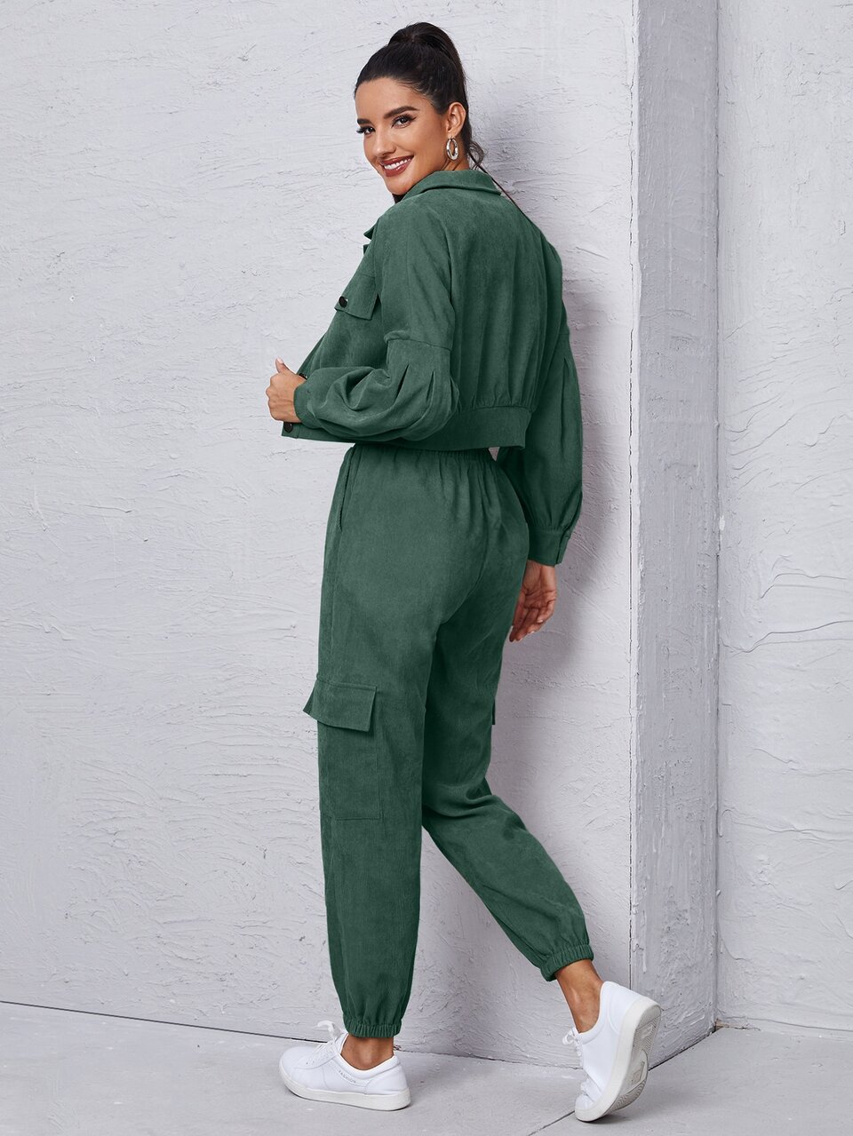 Corduroy Flap Detail Jacket With Tie Front Cargo Pants Fall Cloth For Women