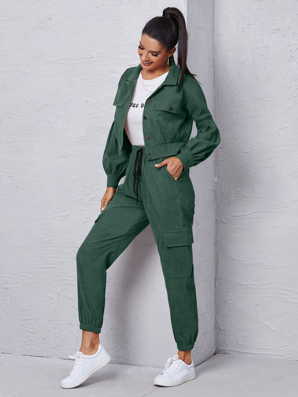 Corduroy Flap Detail Jacket With Tie Front Cargo Pants Fall Cloth For Women
