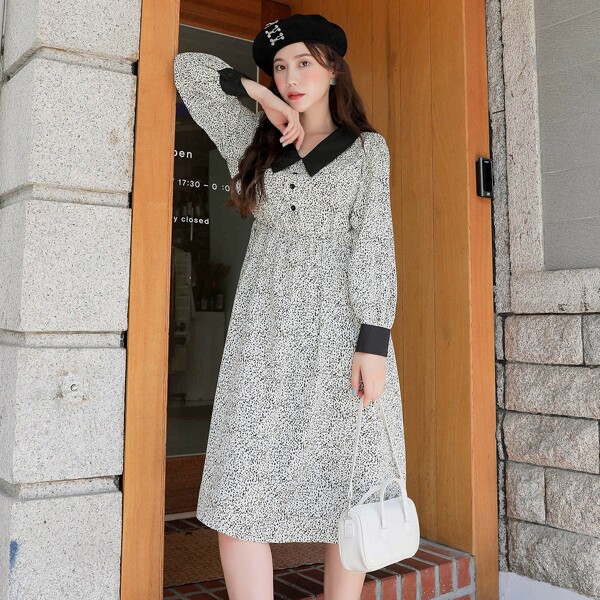 

Allover Print Contrast Collar Dress, Multicolor