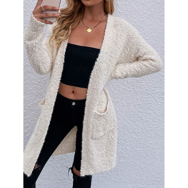 

Dual Pocket Drop Shoulder Open Front Cardigan, Beige
