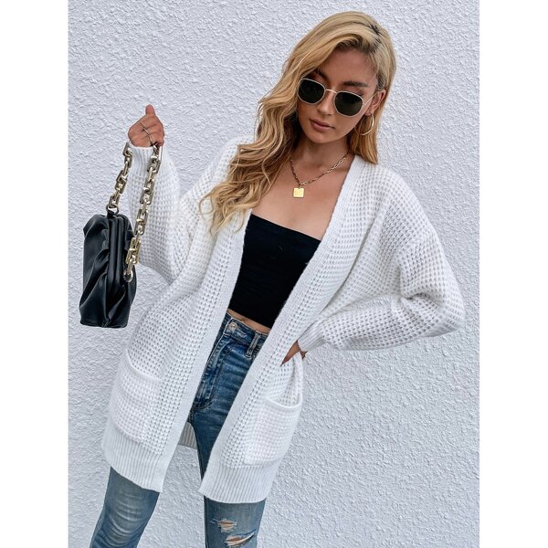 

Waffle Knit Double Pocket Cardigan, White