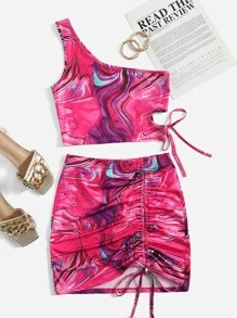SHEIN ICON Conjunto top con estampado de mármol de un hombro con falda con cordón lateral - Multicolor - Ver 1
