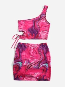 SHEIN ICON Conjunto top con estampado de mármol de un hombro con falda con cordón lateral - Multicolor - Ver 2