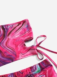 SHEIN ICON Conjunto top con estampado de mármol de un hombro con falda con cordón lateral - Multicolor - Ver 3