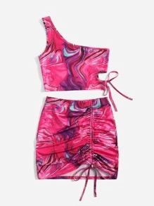 SHEIN ICON Conjunto top con estampado de mármol de un hombro con falda con cordón lateral - Multicolor - Ver 4