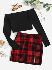 SHEIN Essnce Ribbed Knit Lettuce Trim Off Shoulder Crop Top & Plaid Print Split Hem Skirt - Multicolor - View 1