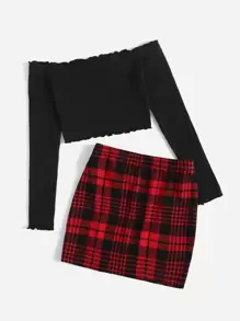 SHEIN Essnce Ribbed Knit Lettuce Trim Off Shoulder Crop Top & Plaid Print Split Hem Skirt - Multicolor - View 2
