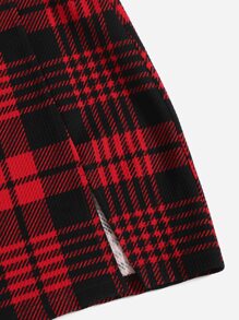 SHEIN Essnce Ribbed Knit Lettuce Trim Off Shoulder Crop Top & Plaid Print Split Hem Skirt - Multicolor - View 4