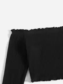 SHEIN Essnce Ribbed Knit Lettuce Trim Off Shoulder Crop Top & Plaid Print Split Hem Skirt - Multicolor - View 5