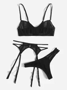 透視網紗鋼圈吊帶襪內衣套裝 - 黑色 - 查看 1