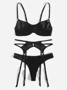 透視網紗鋼圈吊帶襪內衣套裝 - 黑色 - 查看 2