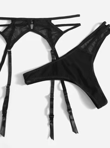 透視網紗鋼圈吊帶襪內衣套裝 - 黑色 - 查看 3