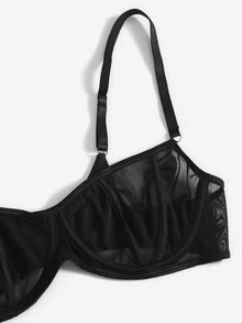 透視網紗鋼圈吊帶襪內衣套裝 - 黑色 - 查看 4