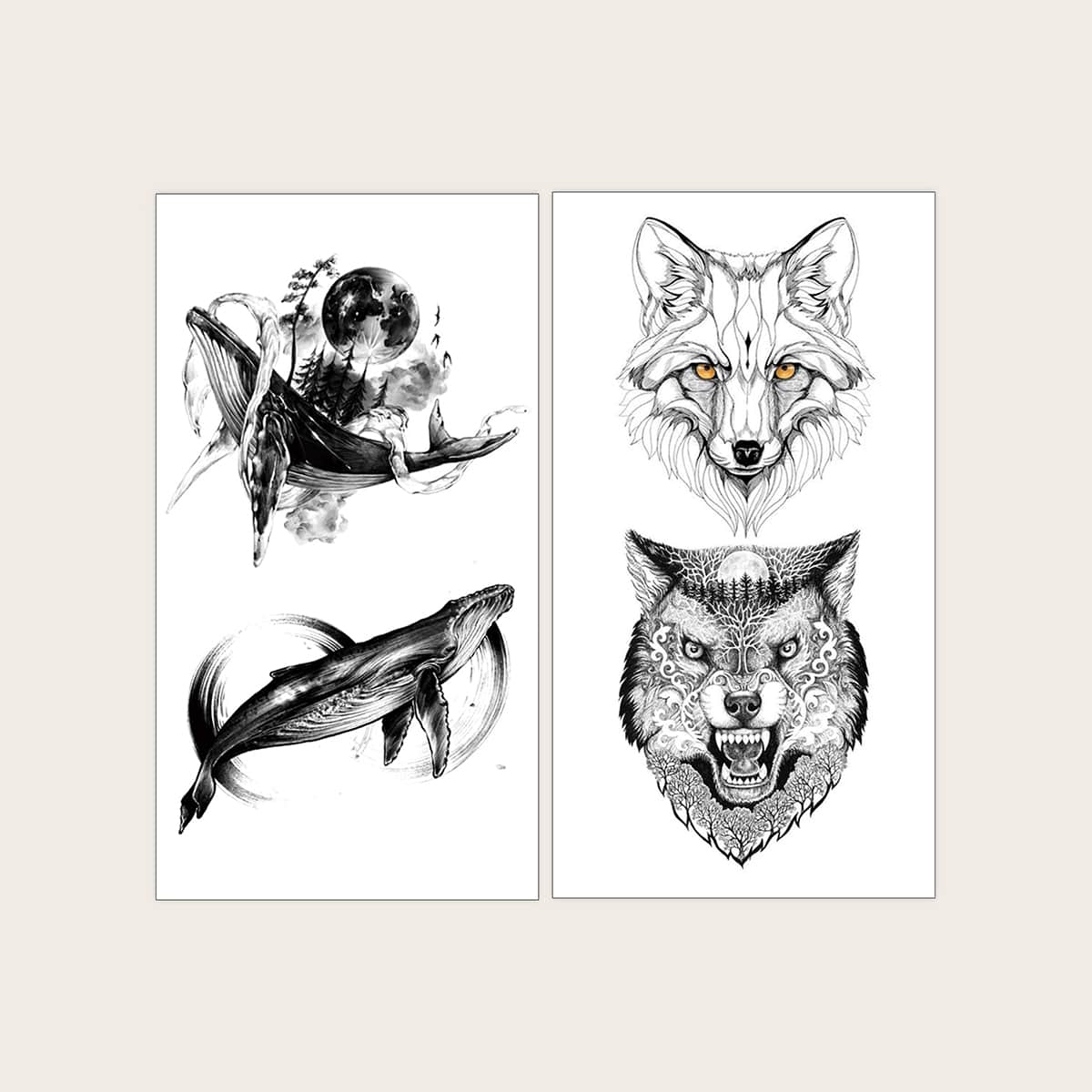 

2sheets Whale & Wolf Pattern Tattoo Sticker, Black