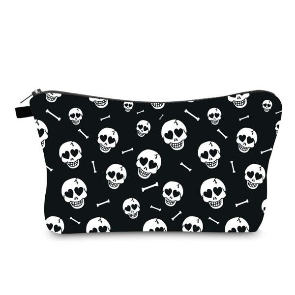 

Skull Zipper Makeup Bag, Black and white