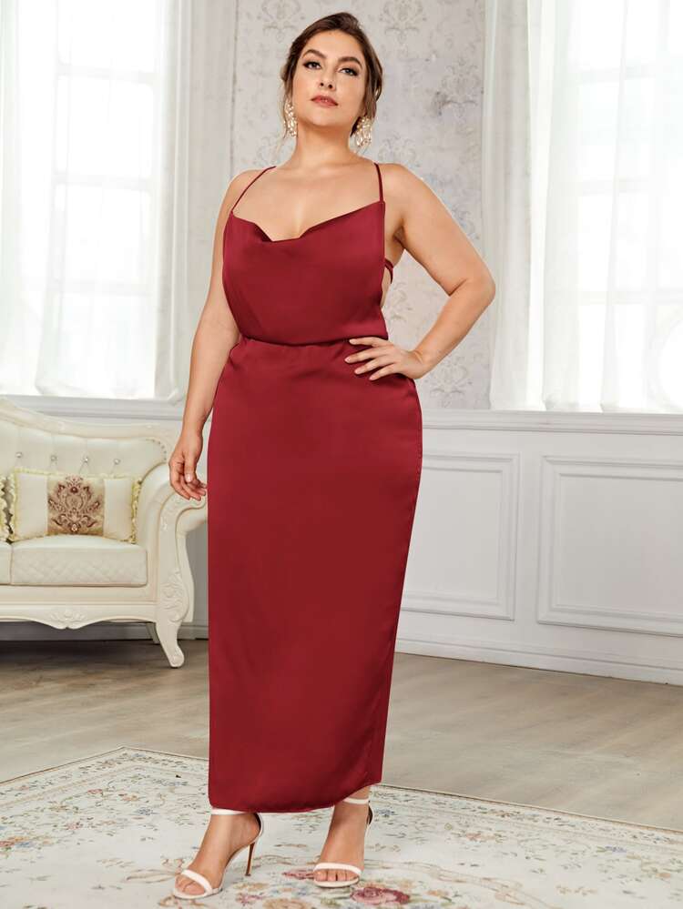 SHEIN Vestido de tirantes de espalda abierta con cordón con fruncido - Burdeos - Añade 3