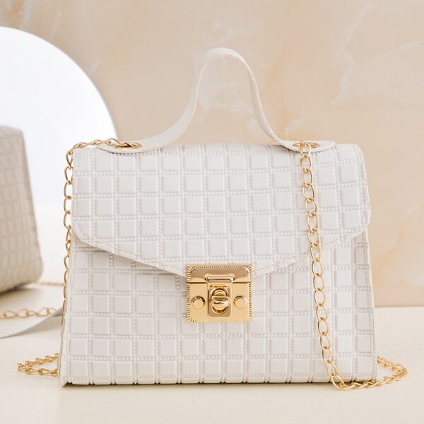 

Quilted Pattern Chain Square Bag, White