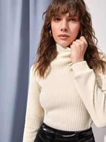 Solid High Neck Corduroy Tee - Apricot - View 1