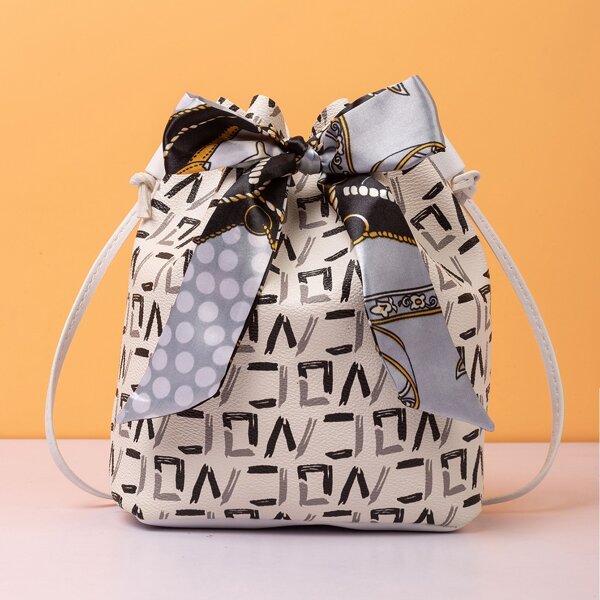 

Letter Graphic Scarf Decor Bucket Bag, Multicolor