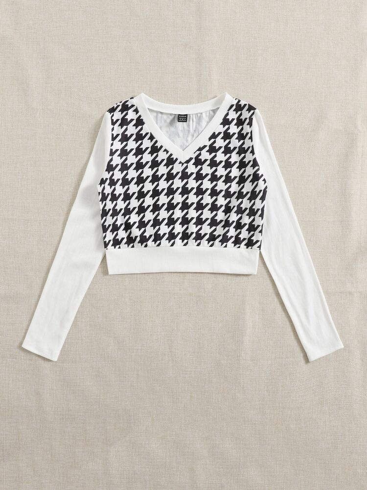 Muchica Camiseta Con Estampado De Pata De Gallo Y Cuello En V - Blanco y Negro - Añade 4