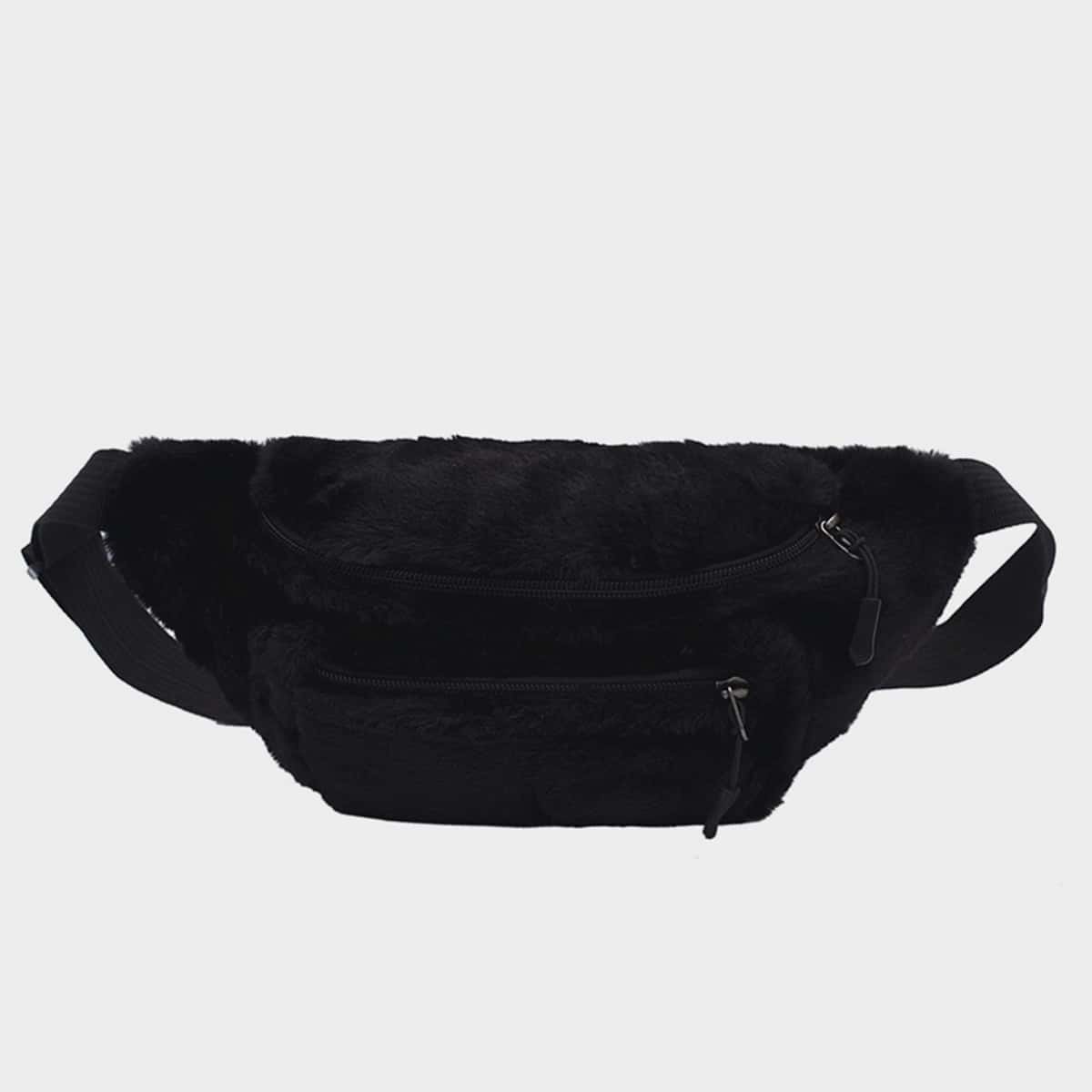 Zip Front Fluffy Fanny Pack, Black