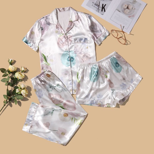 

3pcs Satin Floral Lapel Collar Night Set, Multicolor