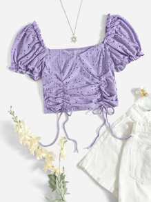 Soleia 泡泡袖褶邊細節抽繩抽褶短版上衣 - 紫丁香色 - 查看 1