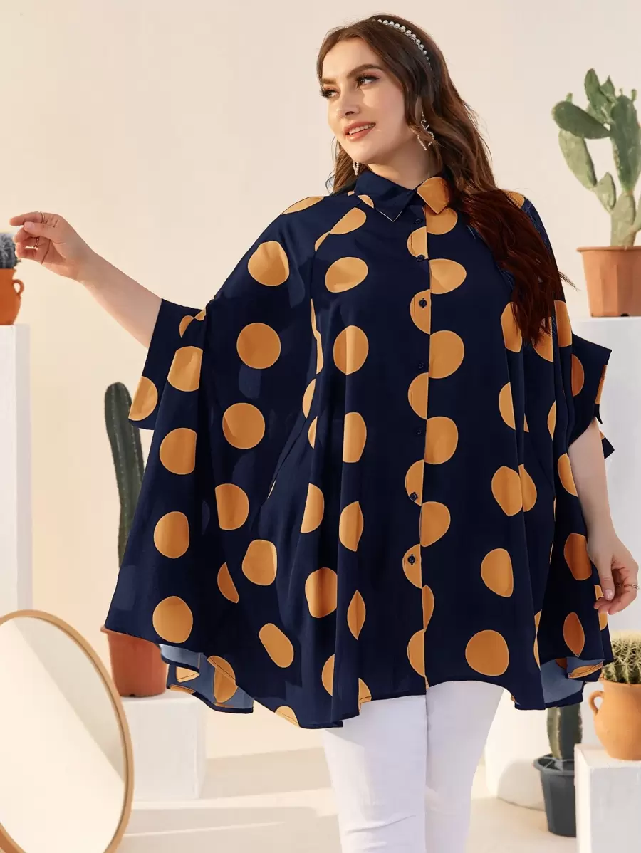 EMERY ROSE 大碼紐扣蝙蝠袖波卡圓點襯衫