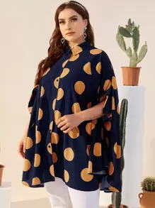 EMERY ROSE 大碼紐扣蝙蝠袖波卡圓點襯衫