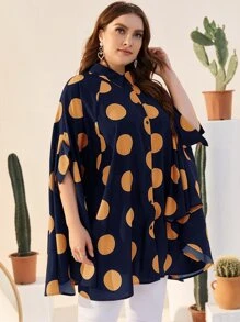 EMERY ROSE 大碼紐扣蝙蝠袖波卡圓點襯衫