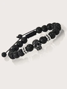 1pc Braided Stone Skull Bracelet - Black - View 3