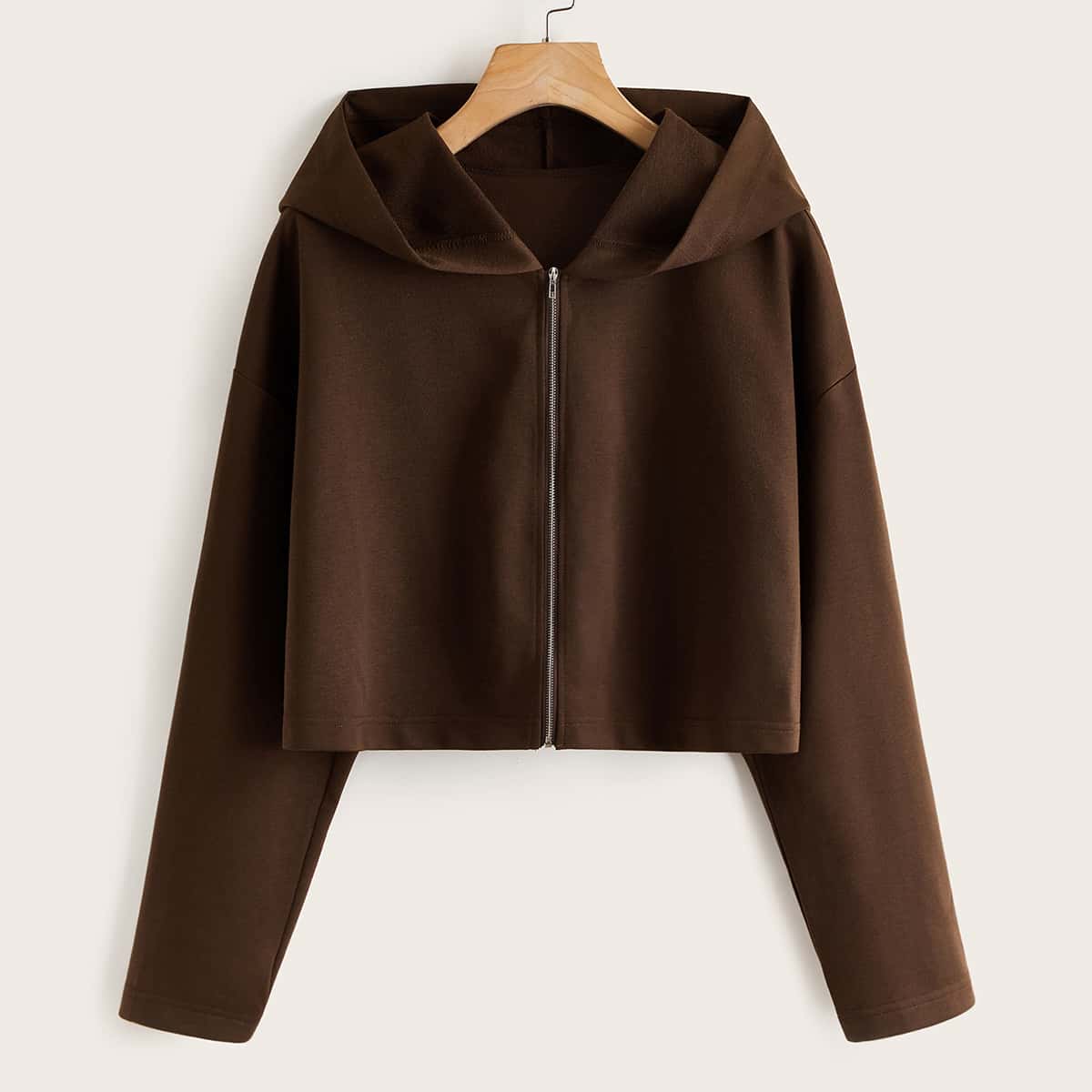 

Solid Zip Up Crop Hoodie, Chocolate brown