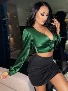 SHEIN SXY Deep V Neck Button Front Lantern Sleeve Satin Blouse - Dark Green - View 4