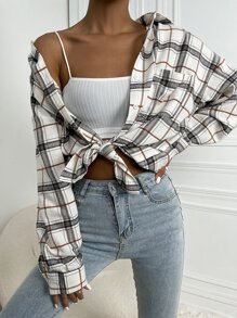 EMERY ROSE 格紋落肩袖前排扣前口袋襯衫 - 米色 - 查看 1