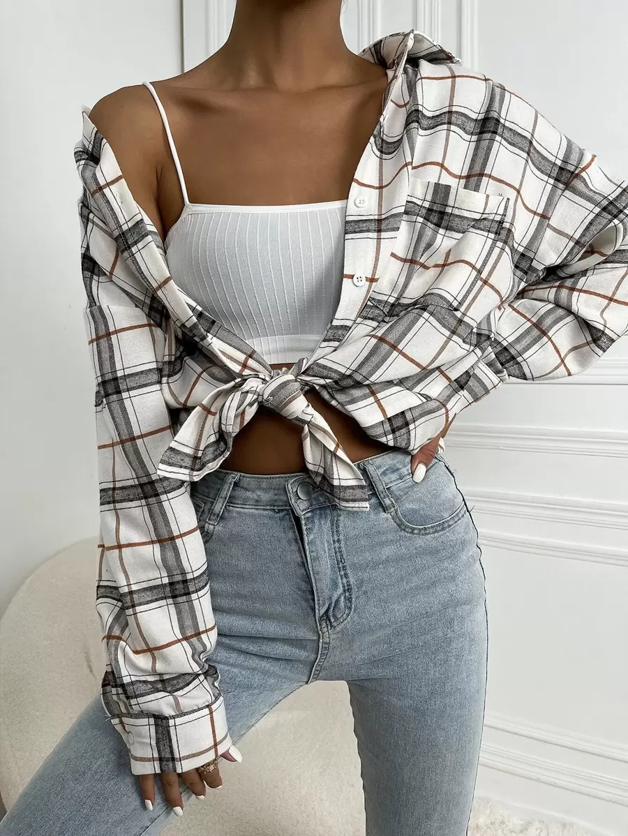 EMERY ROSE 格紋落肩袖前排扣前口袋襯衫 - 米色 - 查看 1