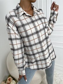 EMERY ROSE 格紋落肩袖前排扣前口袋襯衫 - 米色 - 查看 4