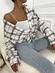 EMERY ROSE 格紋落肩袖前排扣前口袋襯衫 - 米色 - 查看 5