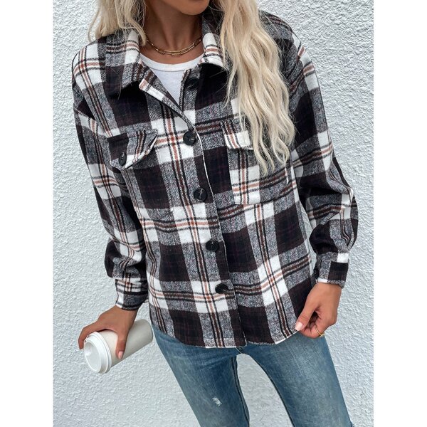 

Plaid Flap Pocket Drop Shoulder Coat, Multicolor
