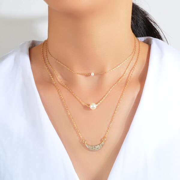 

3pcs Faux Pearl Decor Necklace, Gold