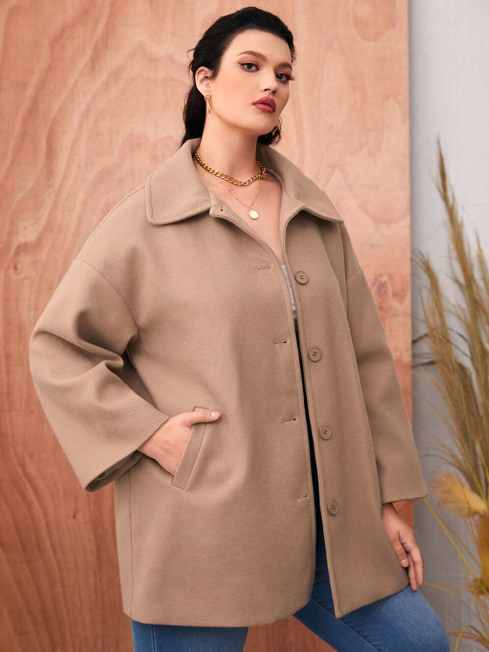 Plus Solid Button Front Drop Shoulder Overcoat
