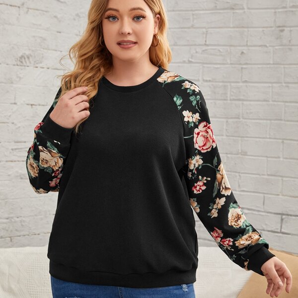 

Plus Floral Print Raglan Sleeve Pullover, Black