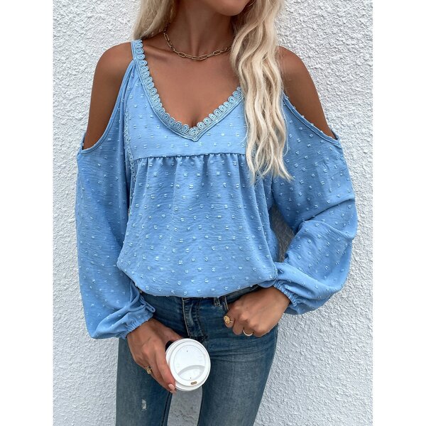 

Swiss Dot Cold Shoulder Guipure Lace Trim Lantern Sleeve Top, Blue