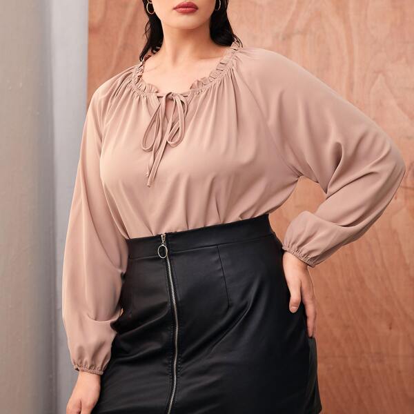 

Plus Bishop Sleeve Tie Neck Blouse, Apricot
