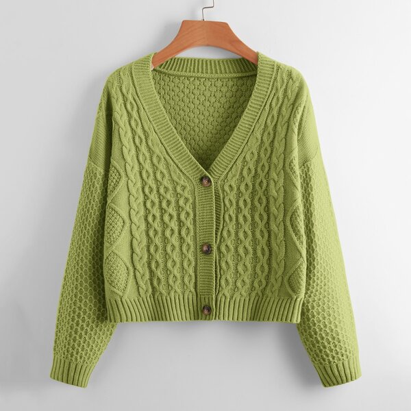

Cable Knit Button Up Drop Shoulder Cardigan, Lime green
