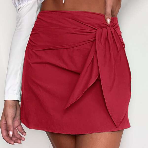 

Solid Tie Front Straight Skirt, Rose red