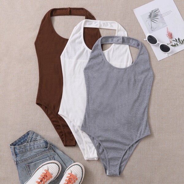 

Solid Backless Halter Bodysuit, Multicolor