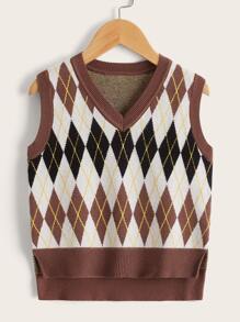 SHEIN Toddler Girls Argyle Pattern Sweater Vest - Multicolor - View 1