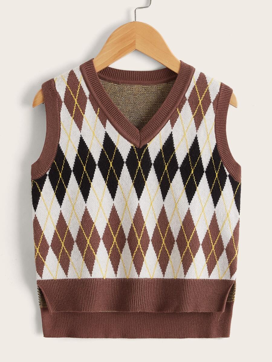 SHEIN Toddler Girls Argyle Pattern Sweater Vest - Multicolor - View 1
