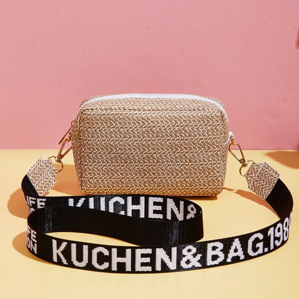 

Braided Detail Letter Graphic Crossbody Bag, Apricot