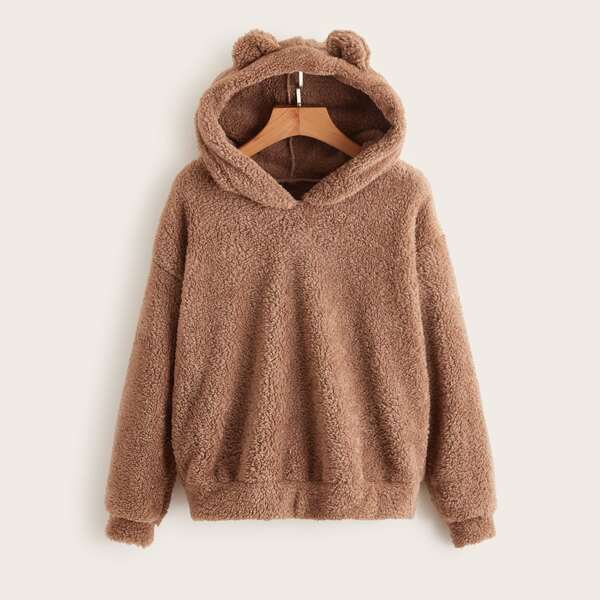 

Solid Drop Shoulder 3D Ear Patched Flannel Hoodie, Mocha brown